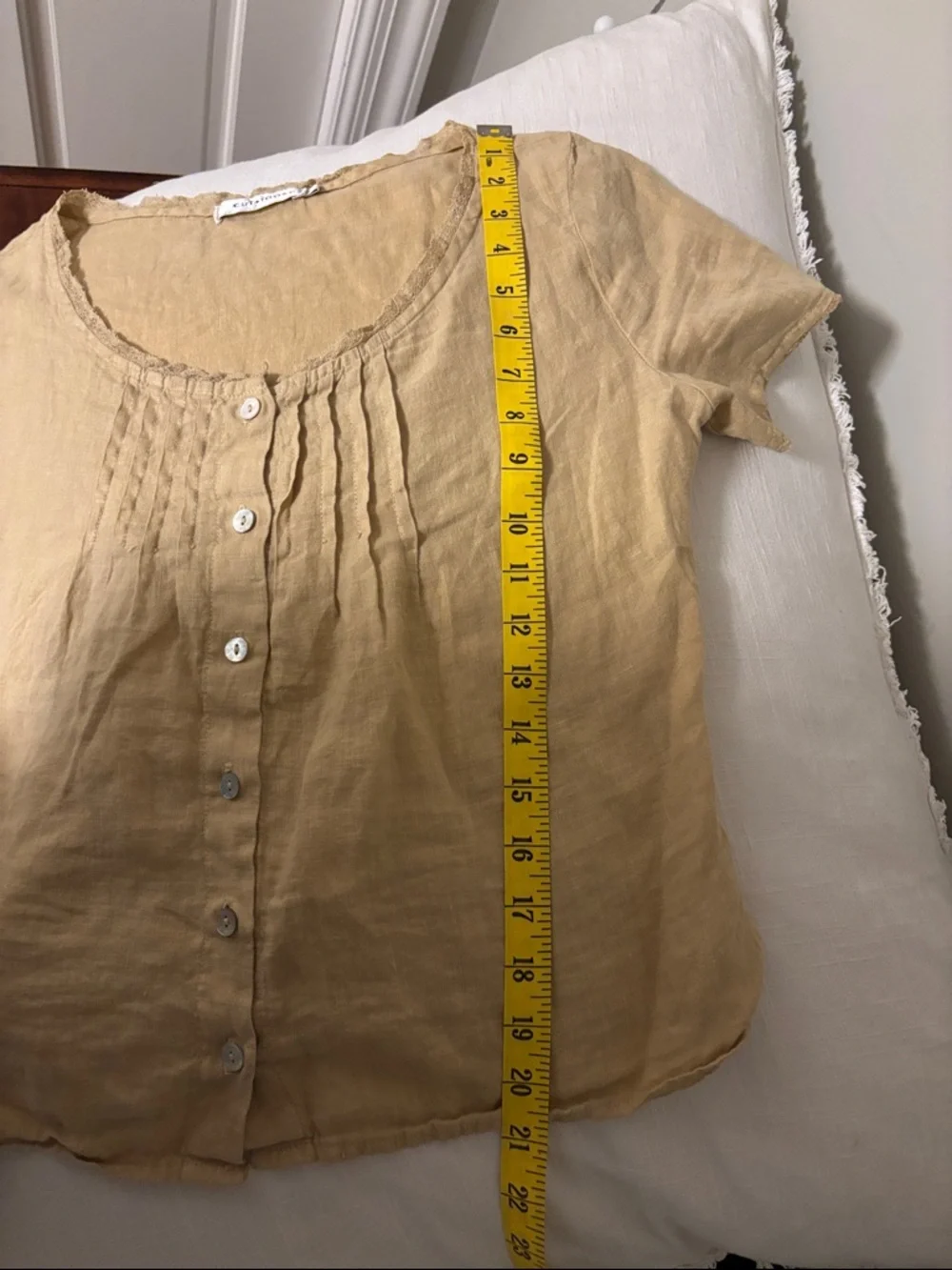 Cut loose line scoop neck button front blouse short sleeve boho yellow beige - Picture 8 of 8